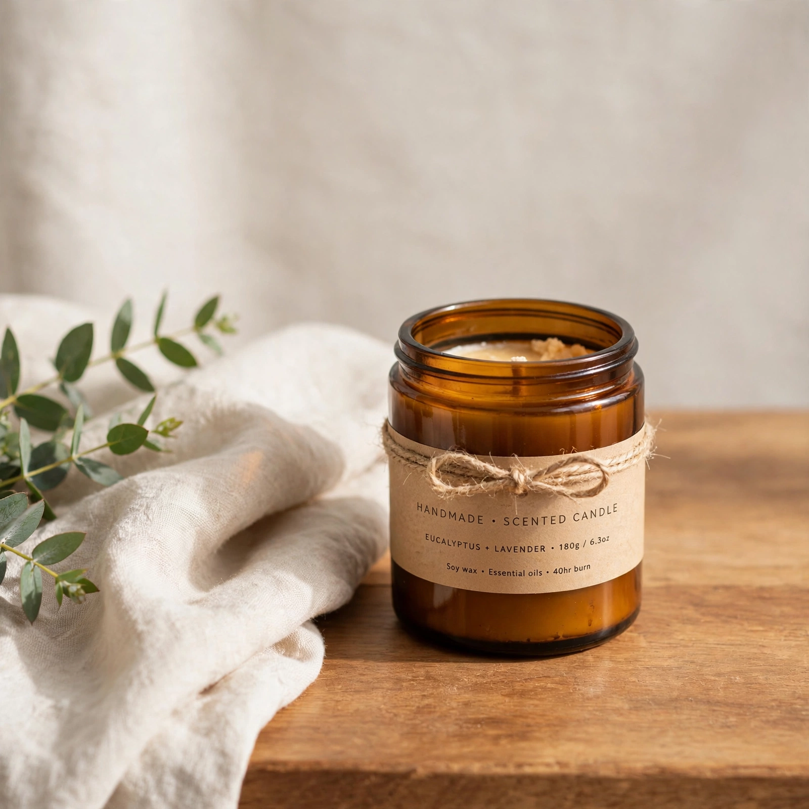 Clean styled candle product photo without a photo shoot, on wood with linen and soft window light